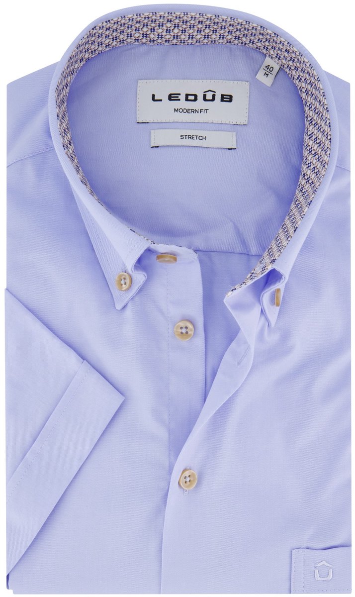 katoenen Ledub overhemd korte mouw blauw effen normale fit