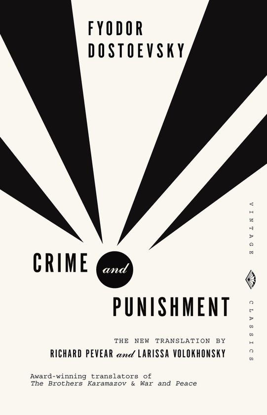 Couverture du livre 'Crime and Punishment' de Fyodor Dostoevsky, design graphique noir et blanc.