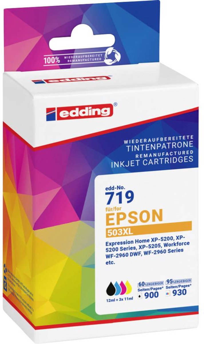 Edding Inktcartridge vervangt Epson 503XL, T09R1 Compatibel Combipack Zwart, Cyaan, Magenta, Geel EDD-719 18-719