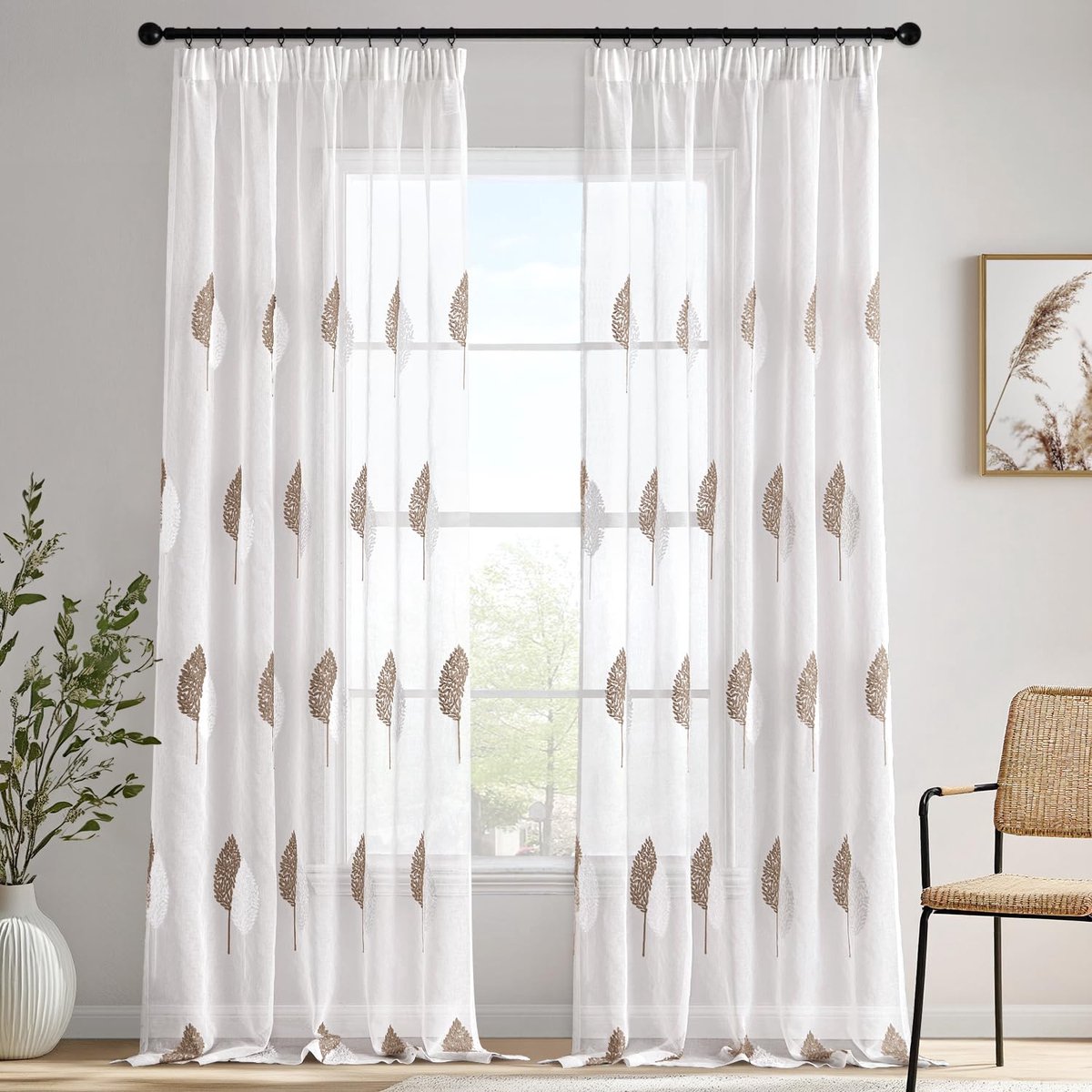 Ibenzoa Gordijnen met Plooiband en Borduurwerk voor Woonkamer en Slaapkamer, Set van 2, 245x140 cm Grote bladeren koffie