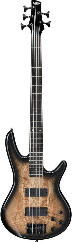 Ibanez Gio GSR205SM-NGT basgitaar in Natural Gray Burst met een houten 'quilt' patroon op de body.