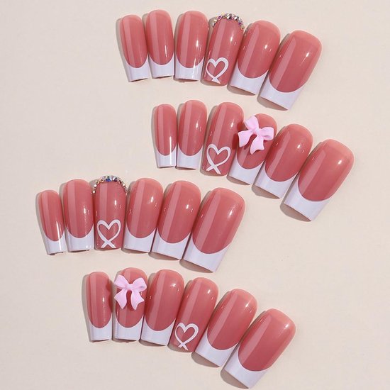 Allecto Plus - 24 pièces French tip press-on avec breloques pour ongles artificiels et ongles en gel