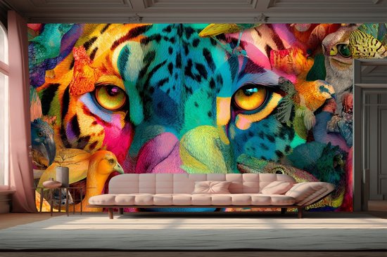 Vliesbehang Fotobehang - Vibrant Jungle Symphony Wallpaper - 250x100 centimeter