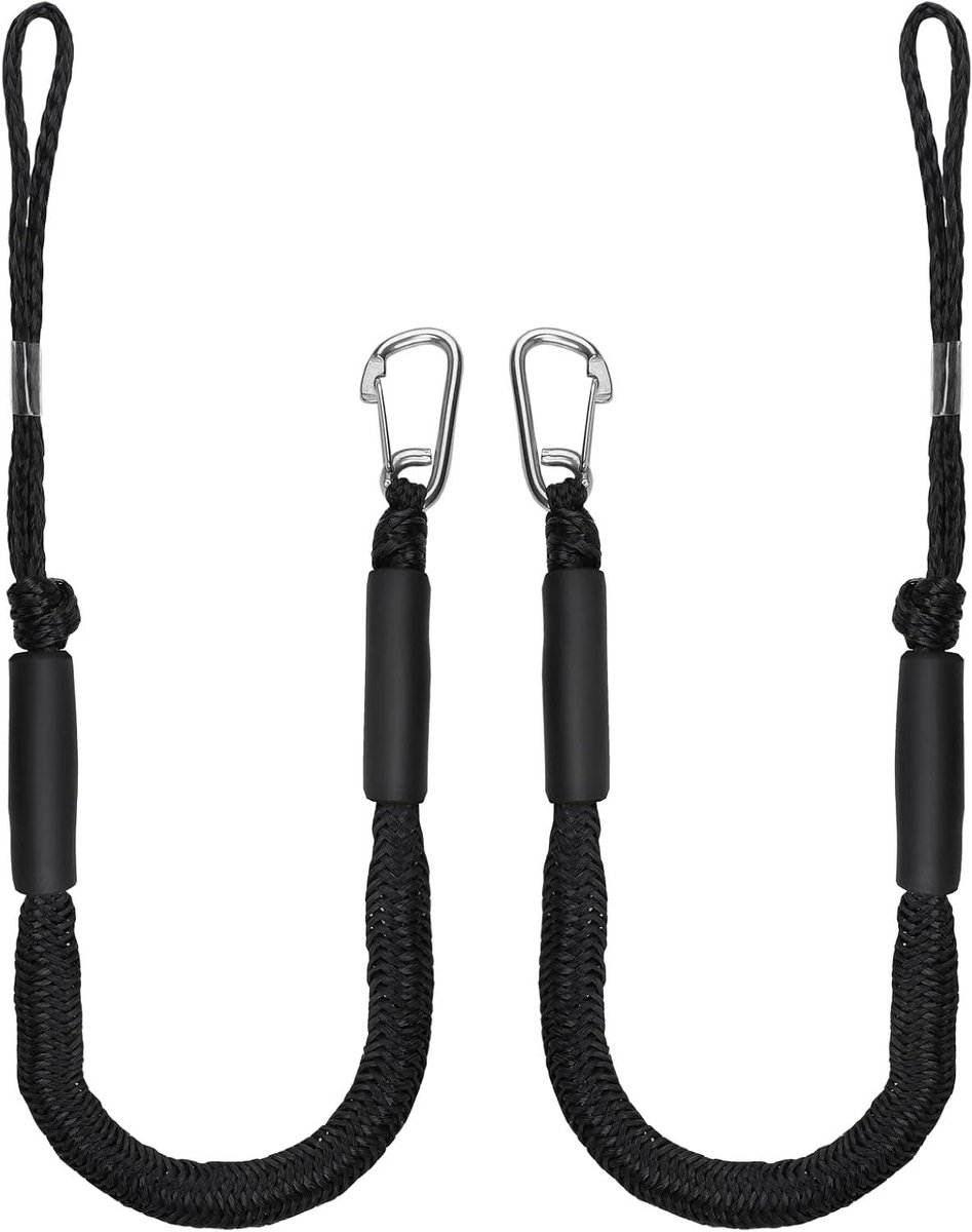 Allecto Plus - Elastisch Bootaanmeertouw 10 cm Zwarte Spatlijn met Haken - Bootaccessoires voor Boten Kajak Jetski Pontoon Kano - Set van 2 Stuks