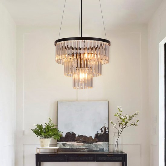NETTLIFE Hanglamp E27 - Kristal - 3-Lichts - Zwart - 40cm - Modern Eetkamerlamp Hangend - voor Eettafel | Keuken | Woonkamer | Slaapkamer - Max.25W