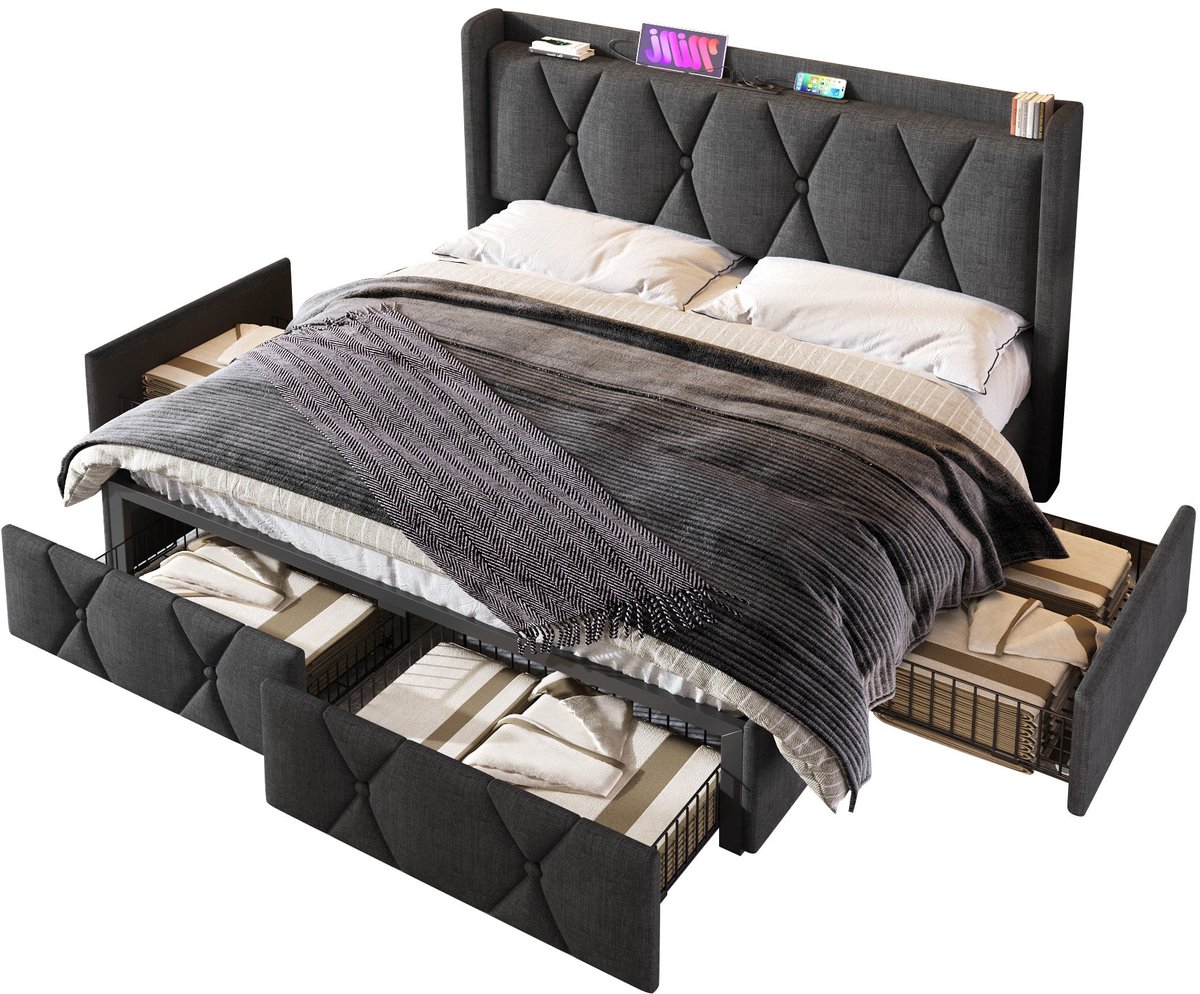 Merax Gestoffeerd Bed met USB Oplaadfunctie en 4 Ladebakken - 140x200cm - Grijs - Houten Lattenbodem
