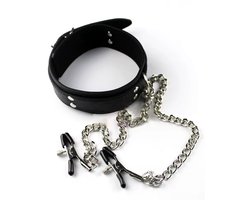 Choker met tepelklemmen - Kunstlederen halsband - Hals band - Rollenspel - Zwart - Erotiek - Sexspeeltje - Tepel klemmen - CHPN