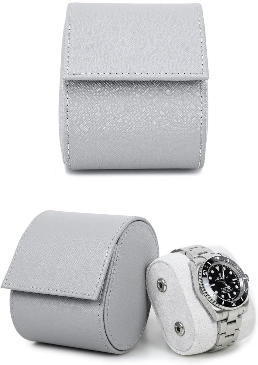 Allecto Plus - Opberghoes voor Horloge van Echt Leder, Handgemaakt en Draagbaar met Saffiano Leder - Grijs - Inclusief Verwijderbare Kussens - Stijlvol Design - Reishorloge Box met Snag Montage - Luxe Bescherming - Horlogehouder met Rits
