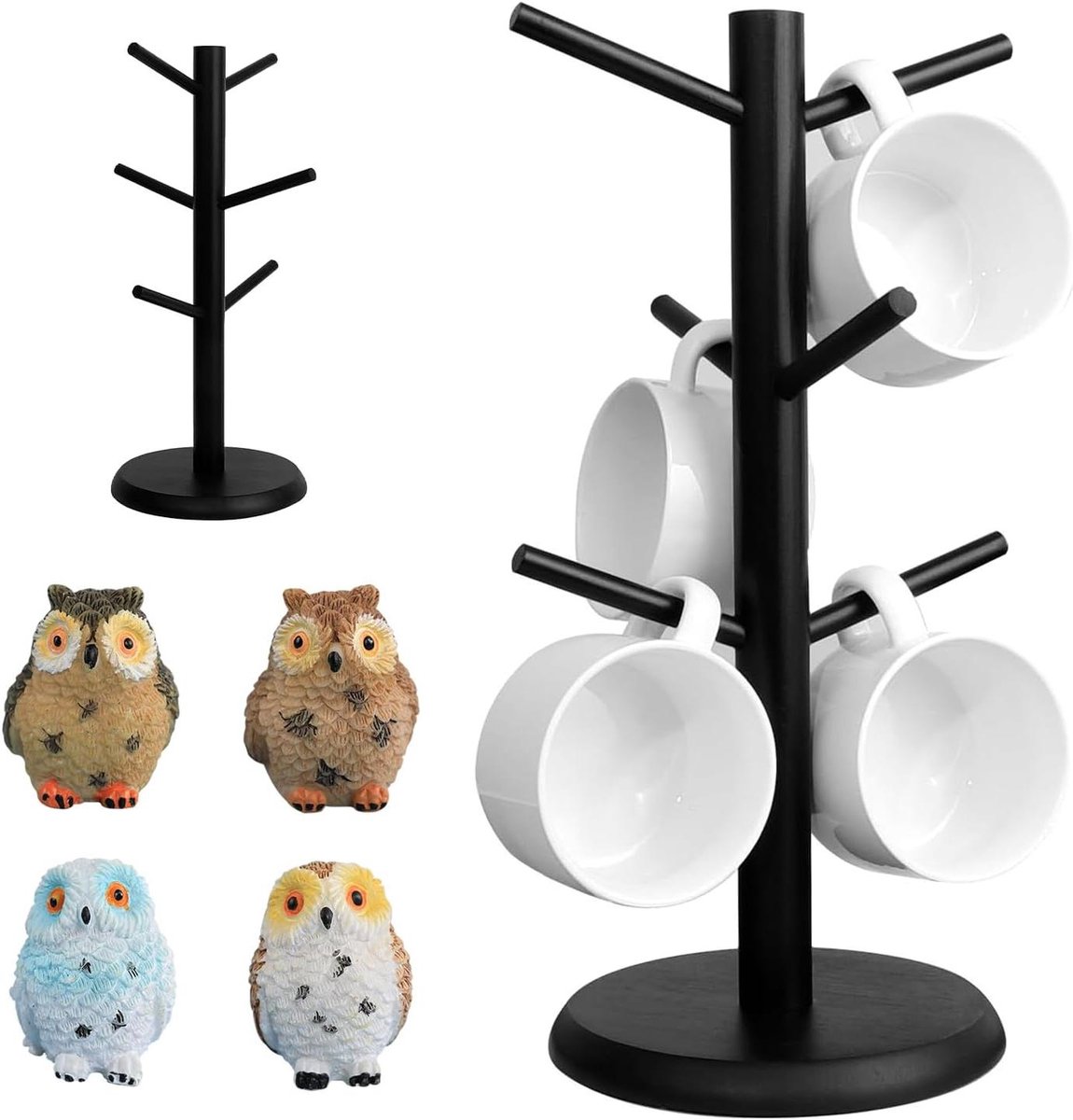 Inovra Plus - Houten bekerhouder met uilen decoratie en 6 haken | Koffiekopje organizer voor keuken | Bekerhouder tafel met kopjesstandaard
