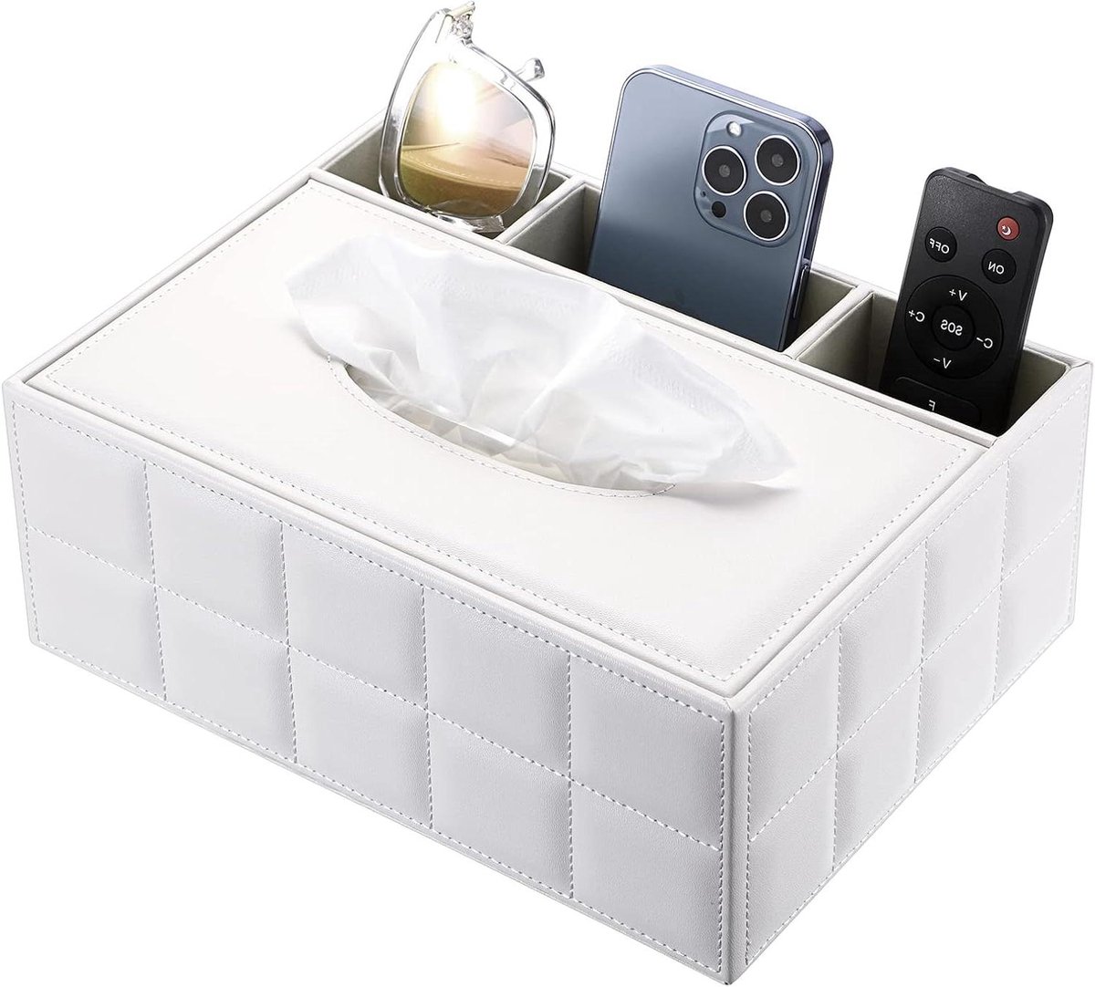 Inovra Plus - Lederlook Tissue Box met Afstandsbediening - Wit - Bureau Organizer met Opbergvak - Huishoudelijk en Kantoor Accessoire