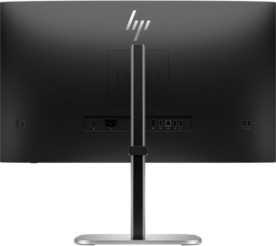 Achterkant van een zwarte monitor met het HP logo en diverse poorten.