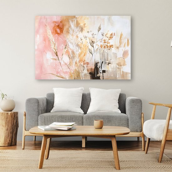 Botanische abstractie in aardetinten - Natuur glazen schilderijen - Schilderijen planten - Aquarel - Schilderijen plexiglas - Landelijke schilderijen - acrylglas 120x80 cm