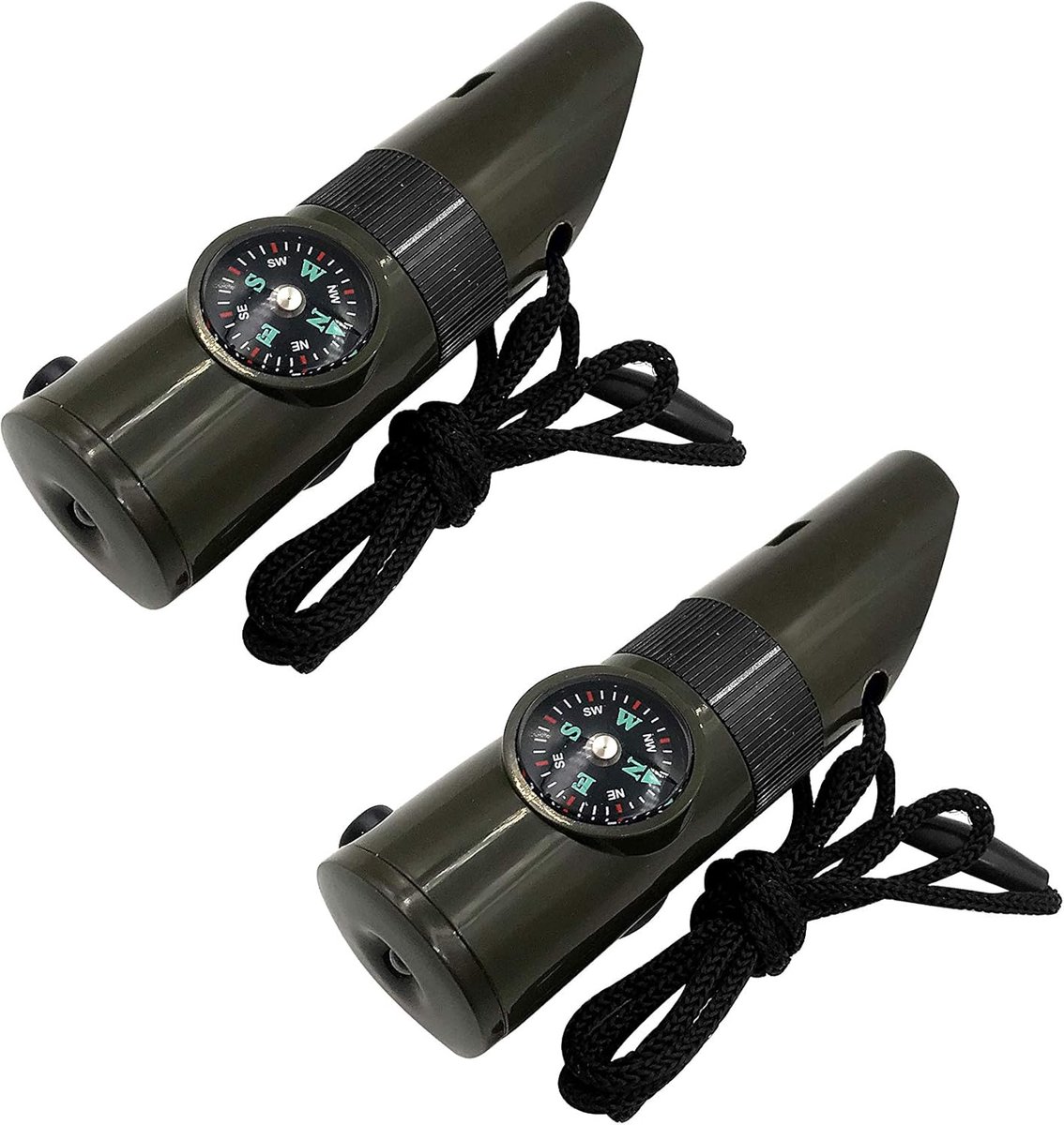 ZVD 2-Pack - 3-in-1 noodoverlevingsfluitje - met kompas + thermometer - Veiligheidsfluitje voor buitenwandelen (met koord) - Legergroen