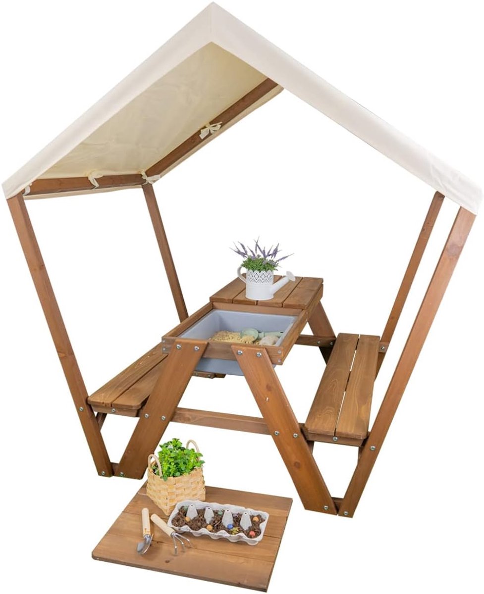 Imperatoris - Klassieke Picknicktafel- Van Dik Hout- Picknicktafel voor kinderen - Houten Tuintafel- Campingtafel- voor Terras en Buiten -met dak- bruin