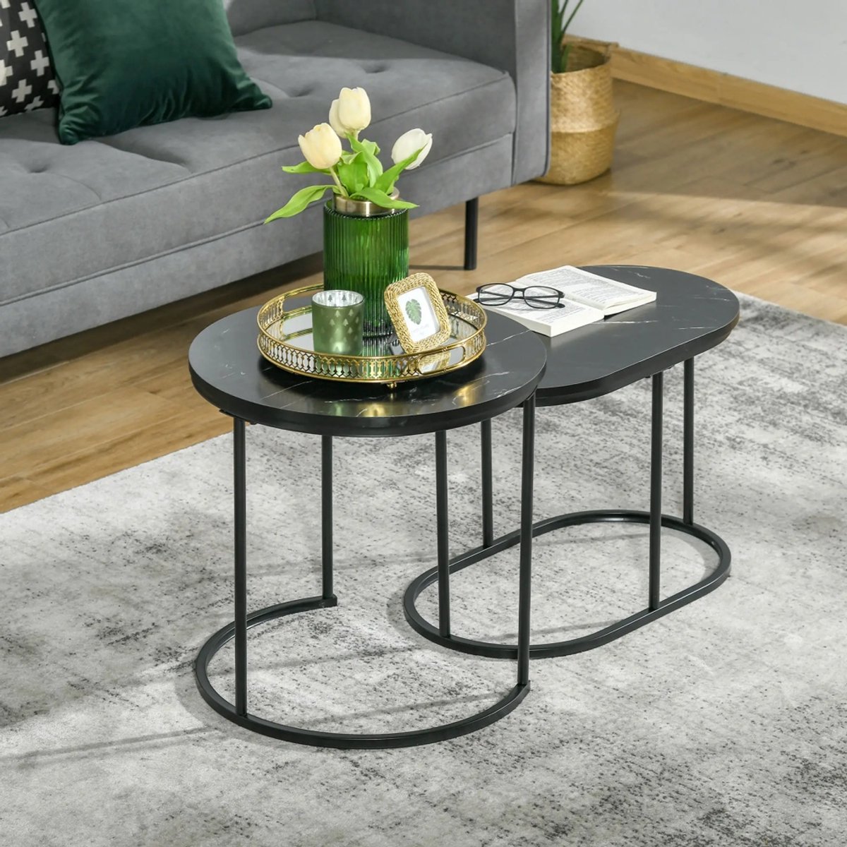 Sweiko Salontafel - Set van 2 - ovaal + rond - Stapelbaar - Marmerlook - MDF + metaal - Zwart