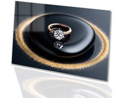 Gouden ring met diamant - Ring schilderijen glas - Wanddecoratie glas sieraad - Hyperrealisme - Plexiglas schilderijen - Schilderijen op glas industrieel - acrylglas 105x70 cm