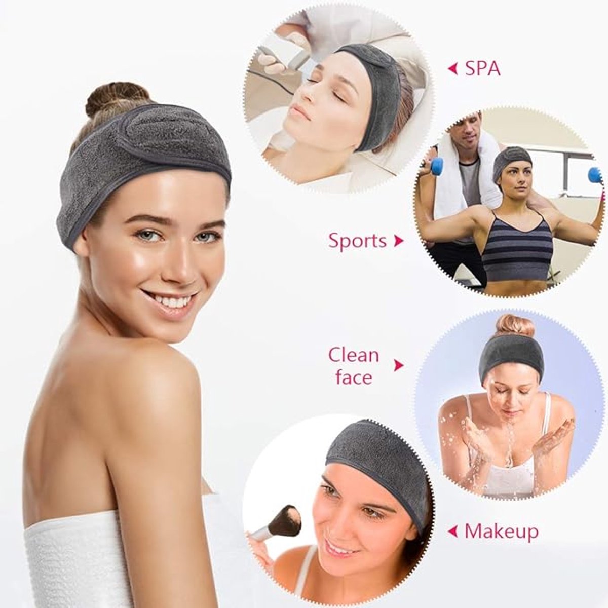 Spa-hoofdband Anti Slip microvezel-make-up hoofdband met magische tape Verstelbaar voor het wassen van gezicht, yoga, sport 3-pack Donkergrijs