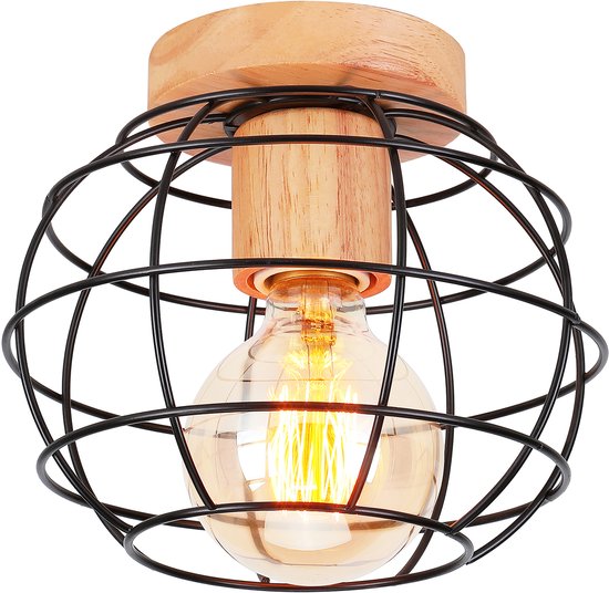 KZT Rotan Lamp Vintage Plafondlamp Dimbaar Retro Bamboe Houten Lampenkap Plafonniere E27 Industrieel Hangende Lamp voor Keuken Hal Woonkamer Slaapkamer Eetkamer Rustiek Kroonluchter