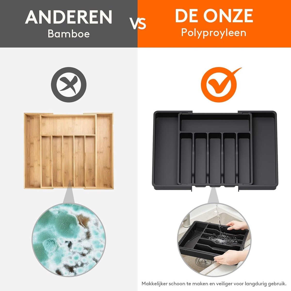 Allecto Plus - Uitbreidbare Zilverwerk Organiser met Verstelbare Couvert en Bestek Houder - Compacte Plastic Lade Opbergruimte voor Lepels, Vorken en Messen - Groot Formaat - Set van 2 - Zwart