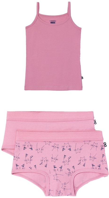 Ensemble de sous-vêtements Woody pour filles - rose - chat - 1 chemise et 2 boxers - taille 128