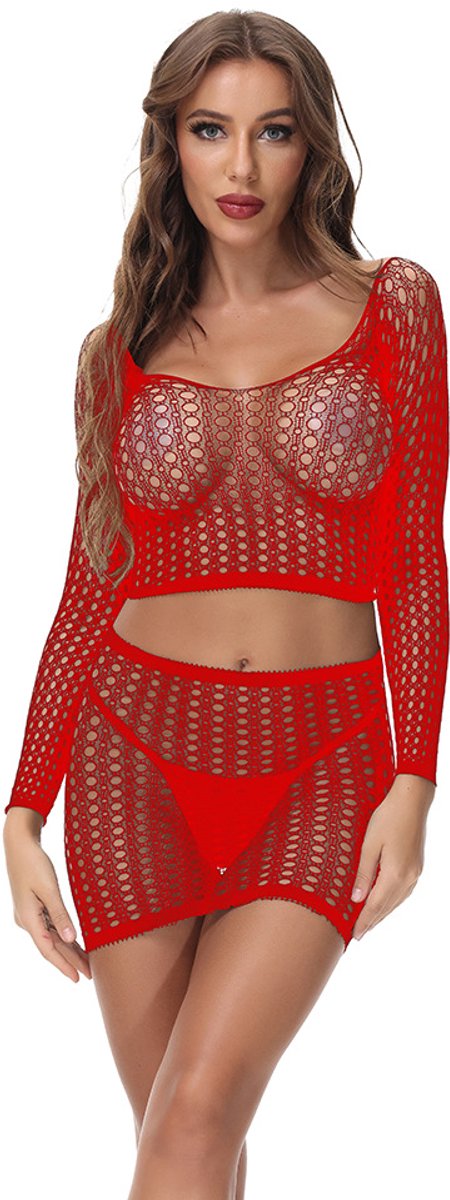 Goedkoopste Erotisch Kanten Jurkje met Grote Fishnet Gaten – Sexy Lingerieset met Lange Mouwen – One Size – Babydoll Lingerie – Rood – Verleidelijke Look