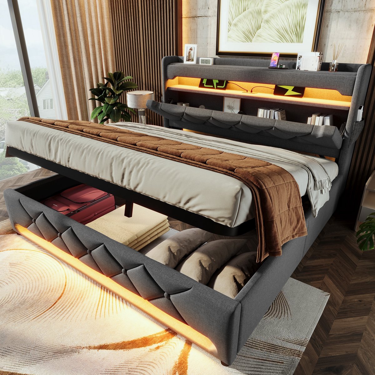 Sweiko Tweepersoonsbed - 180*200cm - Met oplaadpoort - LED verlichting - Opbergruimte - Linnen - Grijs