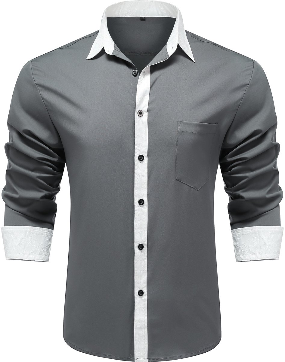 Allthemen Heren Geborduurd Overhemd Lange Mouwen - Losse Fit Kraag Casual Shirt - L