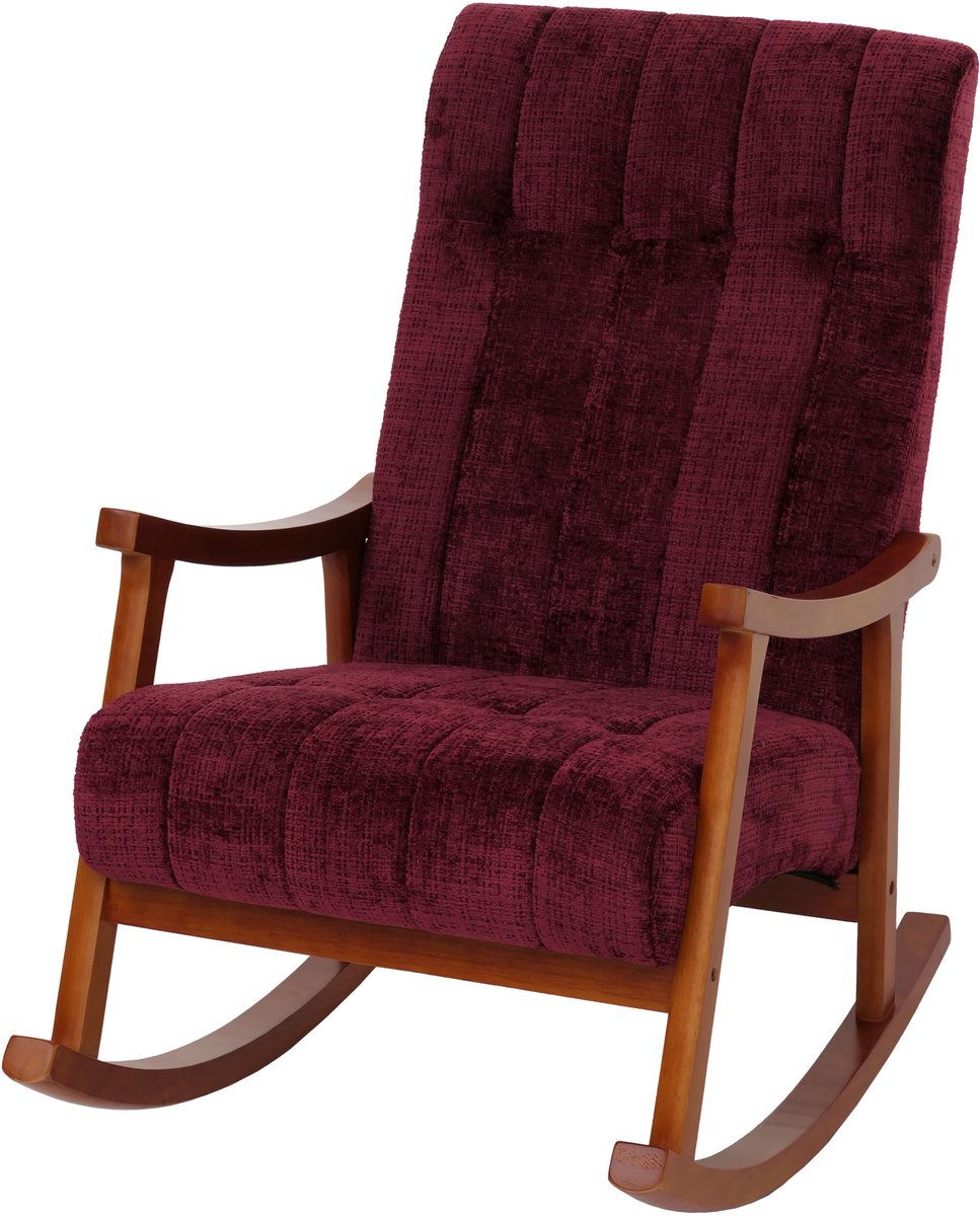 Schommelstoel MCW-K10, relaxfauteuil, hout MVG stof/textiel chenille (465 g/m²) ~ bordeauxrood, frame in walnootlook