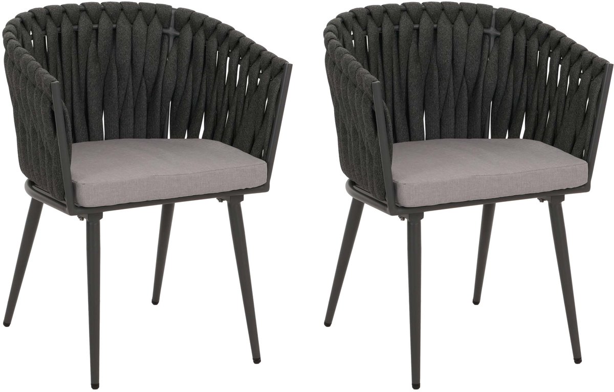 MCW Set van 2 aluminium eetkamerstoelen MCW-N38, armleuning binnenstoel, Olefin rope weave Touw ~ antraciet kussen lichtgrijs