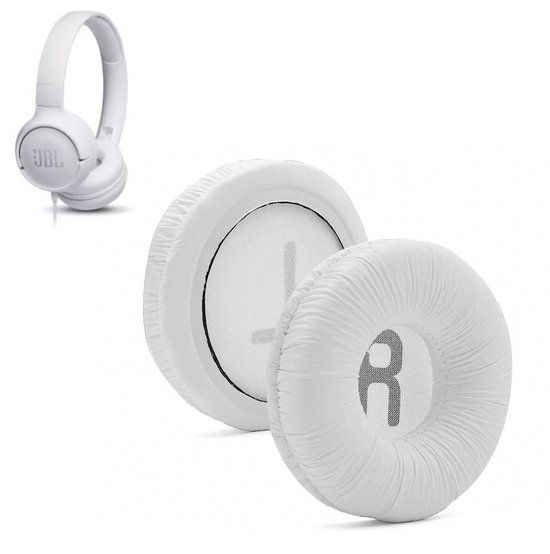 Coussinets d'oreille blancs marqués L et R, à côté d'un casque JBL blanc.