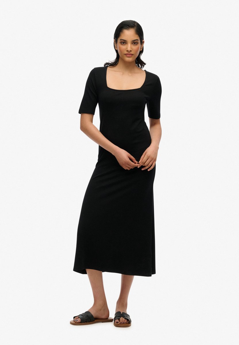 Superdry Jersey midi-jurk met korte mouwen en vierkante hals Dames Jurken Zwart