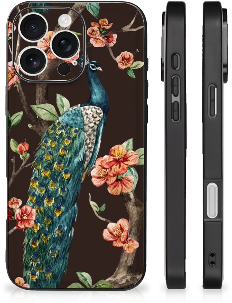 iPhone 16 Pro Dierenprint Telefoonhoesje Pauw met Bloemen