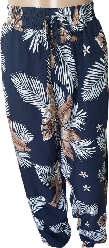Broek - Zomerbroek - Yoga broek - Strandbroek - Palazzo - Elastische Band - Dames - Comfort - Kleur Marineblauw/Wit/Bruin - Maat 44-46