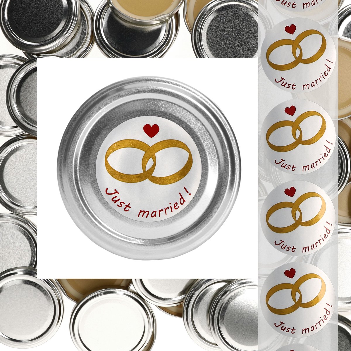JUST MARRIED Set van 50 deksels Naar 66 zilver geschikt voor 125 ml potjes + trouwlabels