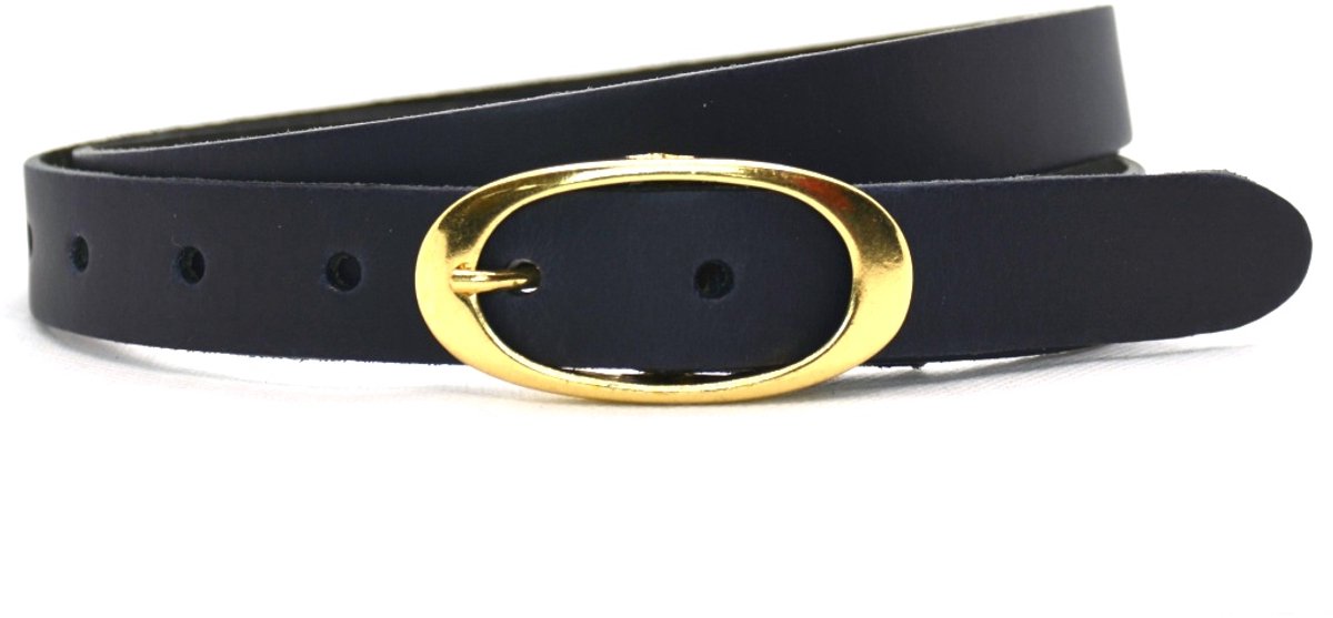 Dames Riem Leer - Navy blauw – Breedte 2.5 cm – Leren Vrouwen Riem - Lengte totaal 120 cm / Riemmaat 105 - Ovale gouden gesp