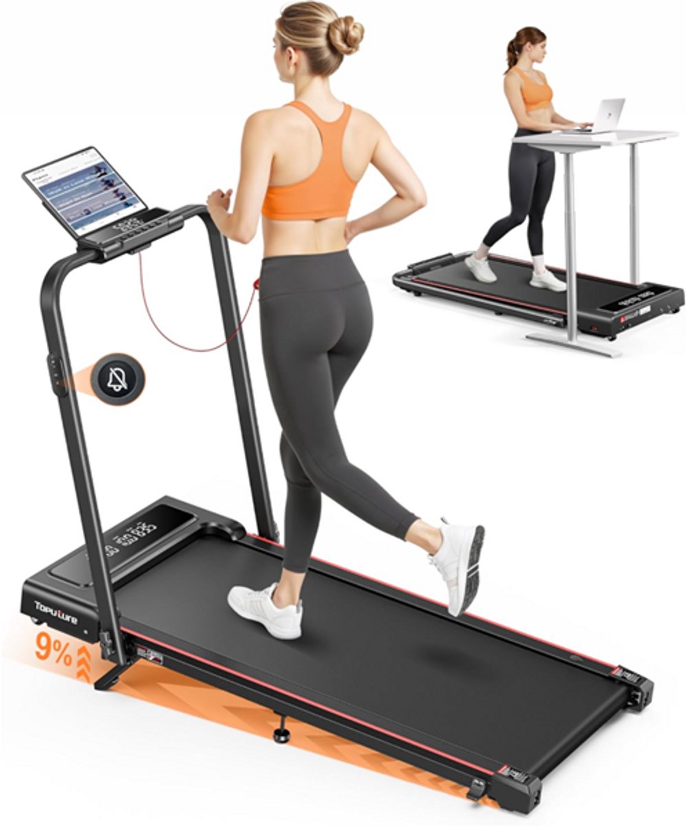 Toputure™ Loopband met Hellingfunctie - 1-12km/u - Inklapbaar - 9% Hellingshoek - Walking pad - Wandelband voor onder het Bureau - Incl. Tablethouder en Afstandsbediening
