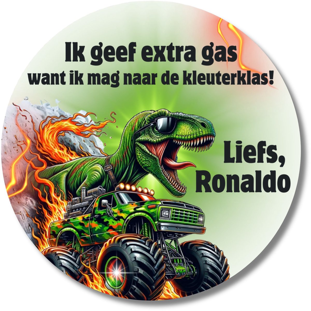 Sticker ‘Ik geef gas naar de kleuterklas’ – 20 stuks – dino monster truck auto – met naam – 40 mm