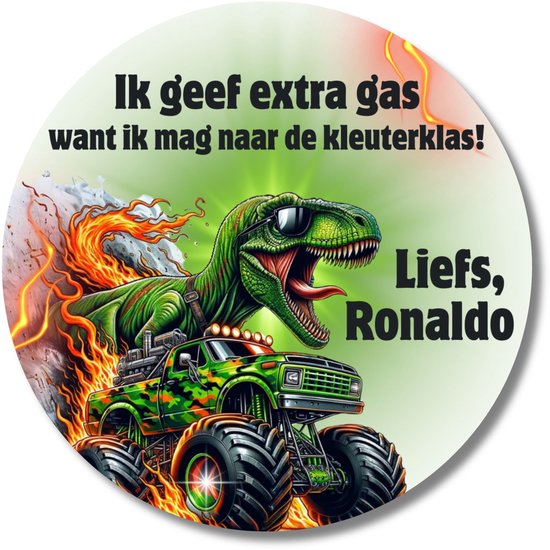 Een groene dinosaurus in zonnebril, op een groene monster truck met vlammen. Tekst: 'Ik geef extra gas, Liefs, Ronaldo'