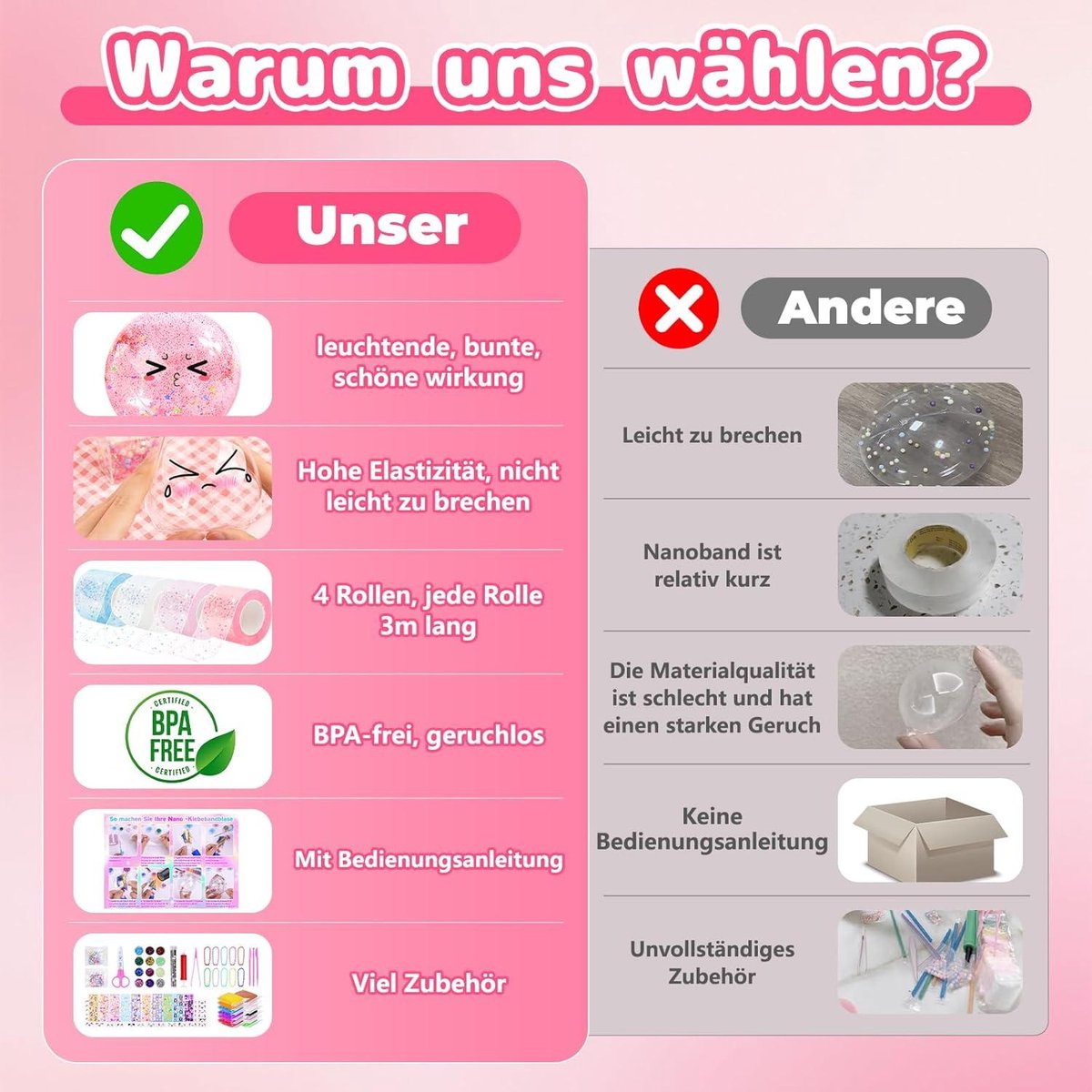 Nano-Tape-bellenblaasset voor kinderen, 35-delige nano-tape-knutselset met slijm, schuim, glitter, meer dan 300 vullingen, zelfgemaakte plastic bellenballon, feestgeschenken, meisjes, jongens vanaf 8