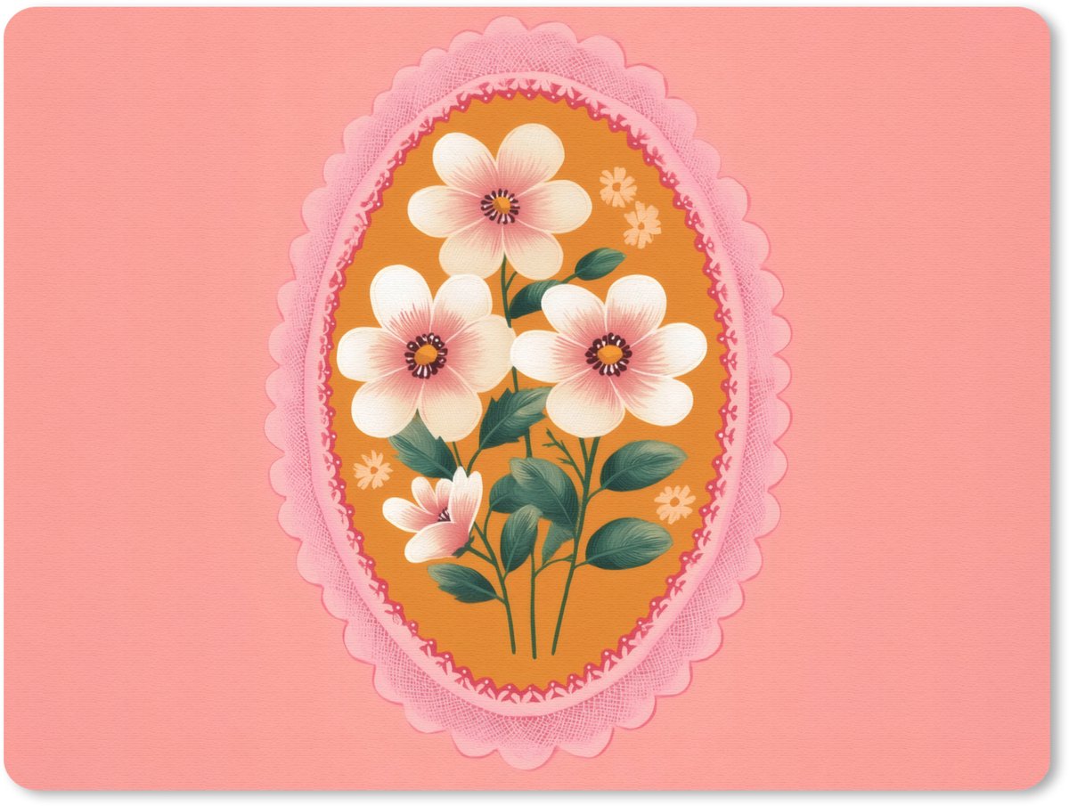 Muismat 23x19 cm - Mousepad Illustratie - Bloemen - Rand - Roze - Muismatten