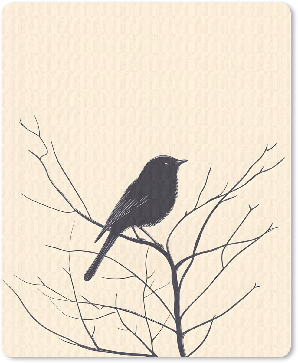 Muismat 19x23 cm - Mousepad Vogel - Zwart - Tak - Minimalistisch - Muismatten
