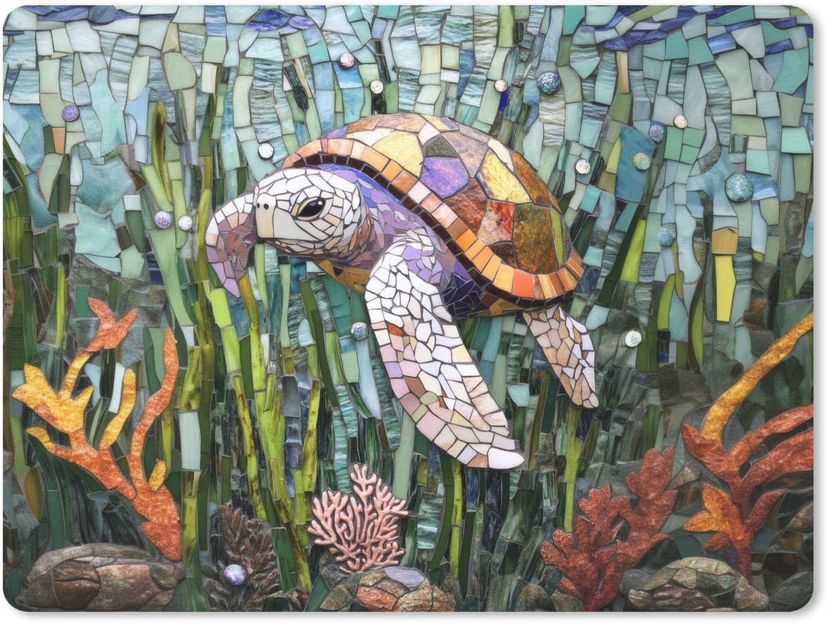 Muismat 23x19 cm - Mousepad Schildpad - Zeewier - Mozaïek - Muismatten