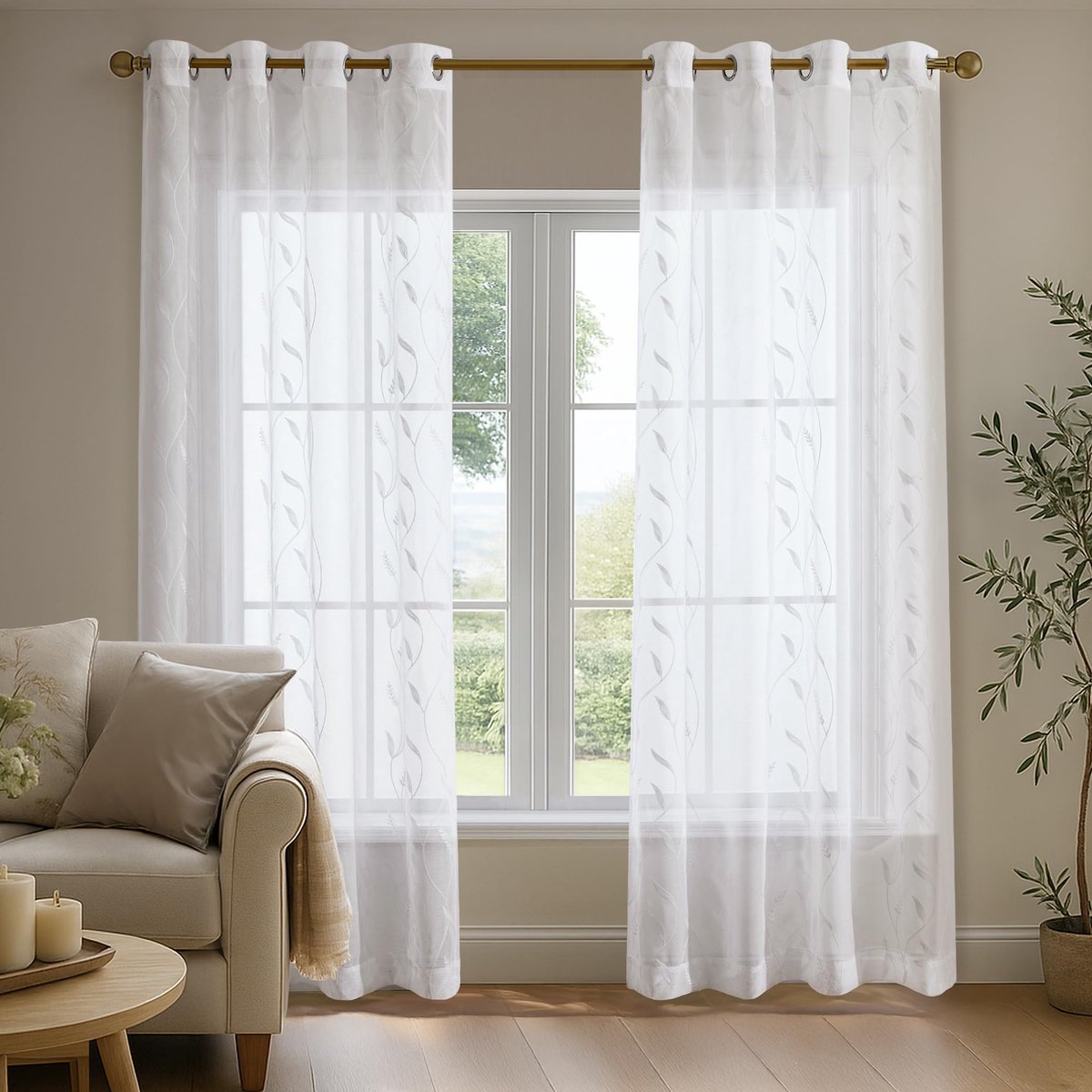 Ibenzoa Transparante Voile Gordijnen met Ogen voor Woonkamer en Slaapkamer, Set van 2, Wit, 175x140 cm