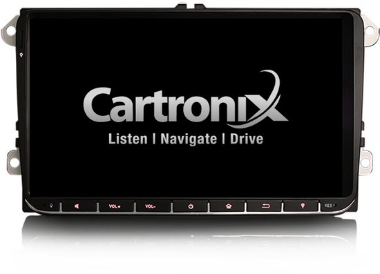 Zwarte autoradio met 'Cartronix Listen | Navigate | Drive' logo op het scherm.