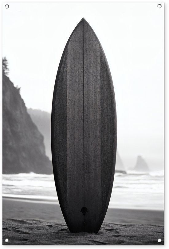 Tuinposter 80x120 cm - Tuindecoratie Surfplank - Zand - Zee - Poster voor in de tuin - Buiten decoratie - Schutting tuinschilderij - Tuindoek muurdecoratie - Wanddecoratie balkondoek