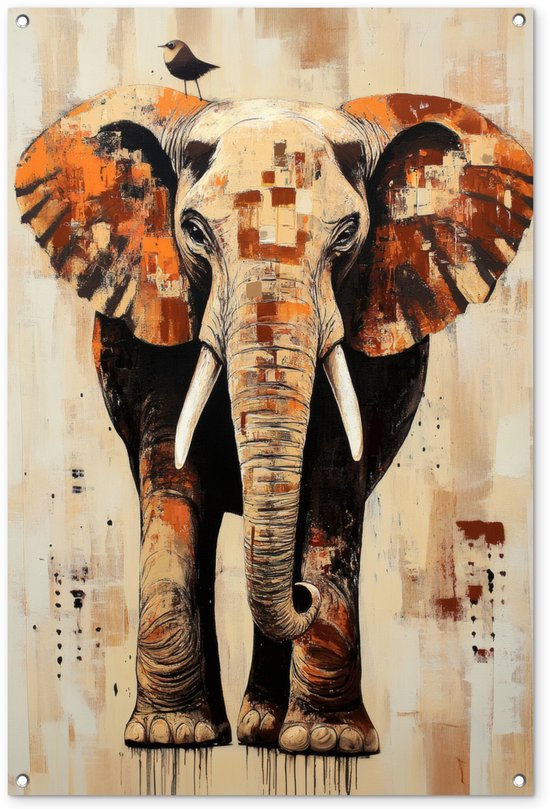 Tuinposter 80x120 cm - Tuindecoratie Olifant - Slurf - Mozaïek - Abstract - Poster voor in de tuin - Buiten decoratie - Schutting tuinschilderij - Tuindoek muurdecoratie - Wanddecoratie balkondoek