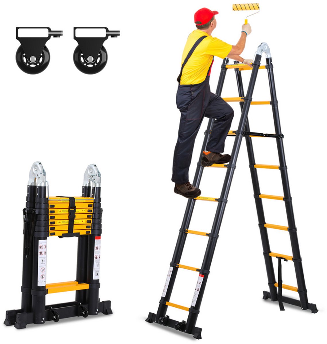 Telescopische Vouwladder - Telescopische Ladders - Soft Close - Werkhoogte 2,5m+2,5 m -geel zwart met stabilisator + wielen – foto 3