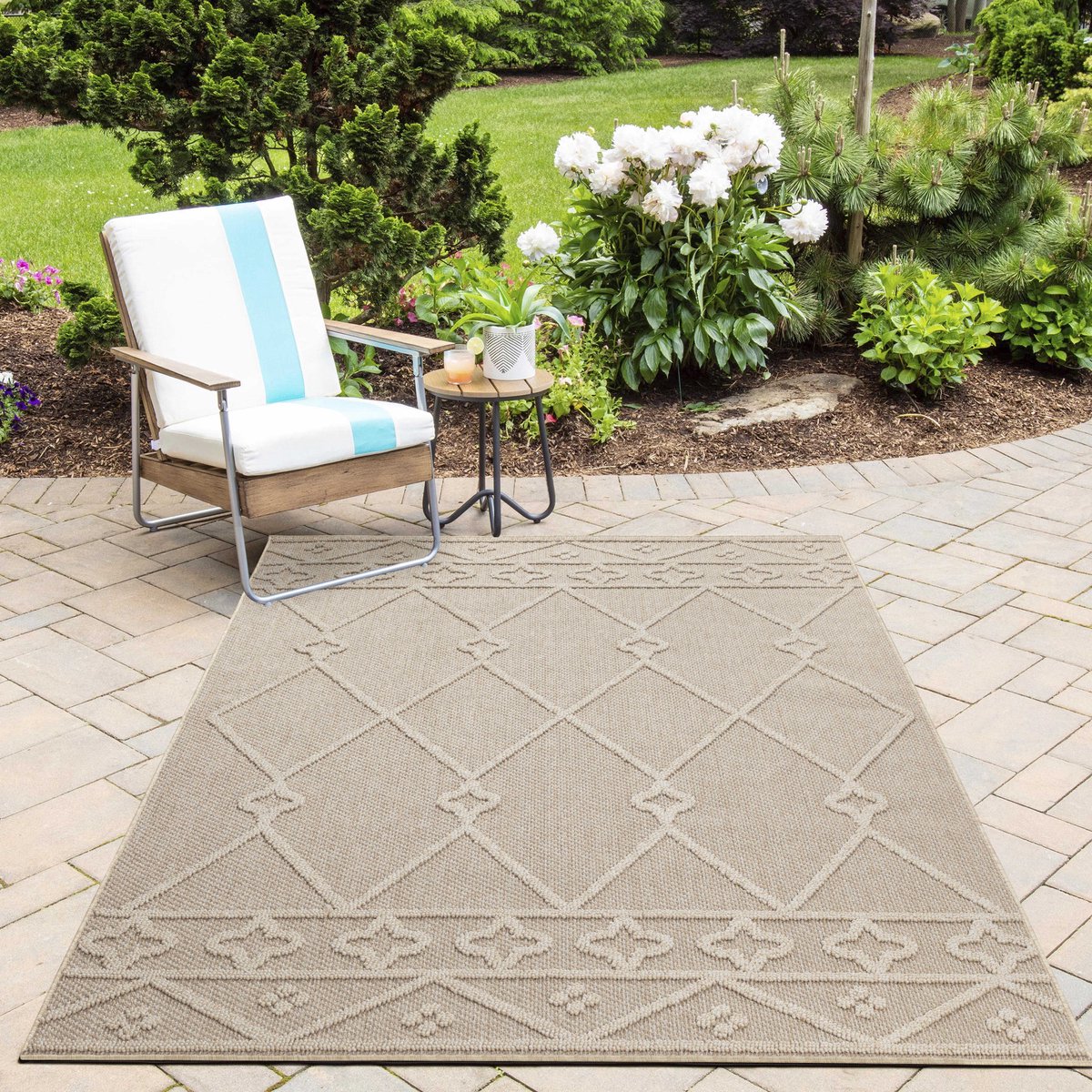 Buitenkleed, Berberdesign, beige kleur, kleed voor terras, balkon, keuken, polypropyleen achterkant, afmeting: 240 x 340 cm
