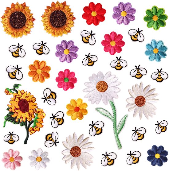 Lot de 36 écussons Set Somstyle - Vêtements Fleurs et abeilles - Application sur tissu - Multicolore