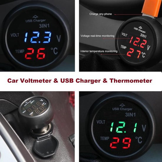 Voltmètre Thermomètre LED Pour Voiture - Affichage Numérique 12V (58x22mm)